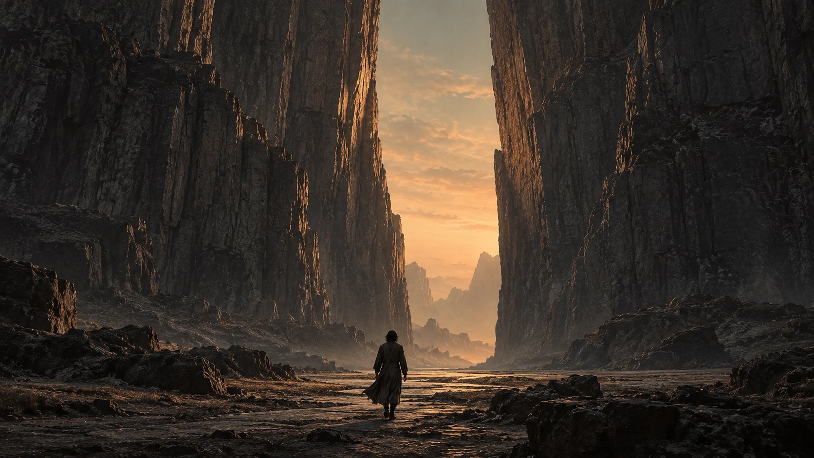 Arlen entering a cleft between immense basalt walls