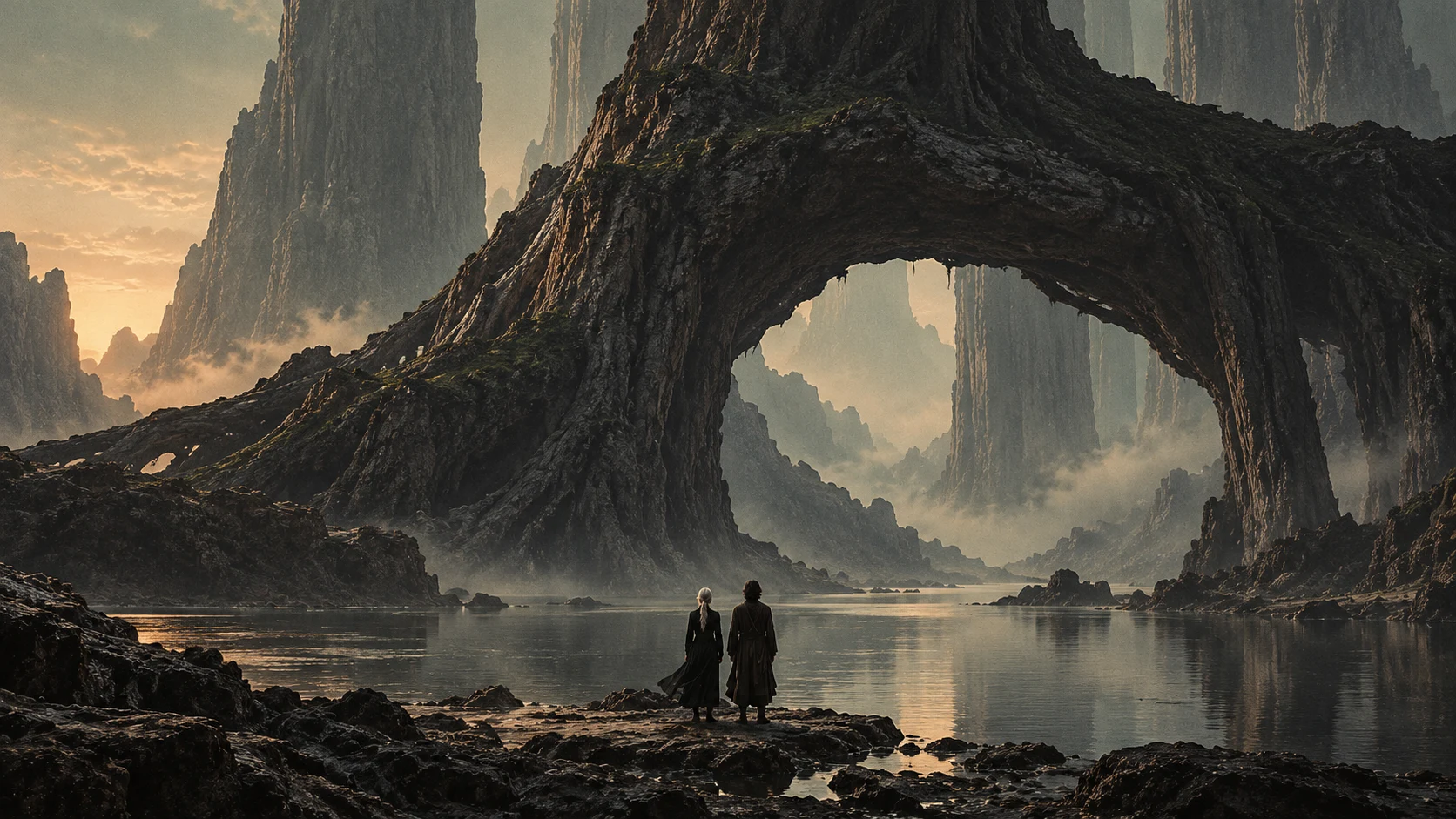 Skye and Arlen beneath a monumental root-like arch beside still water